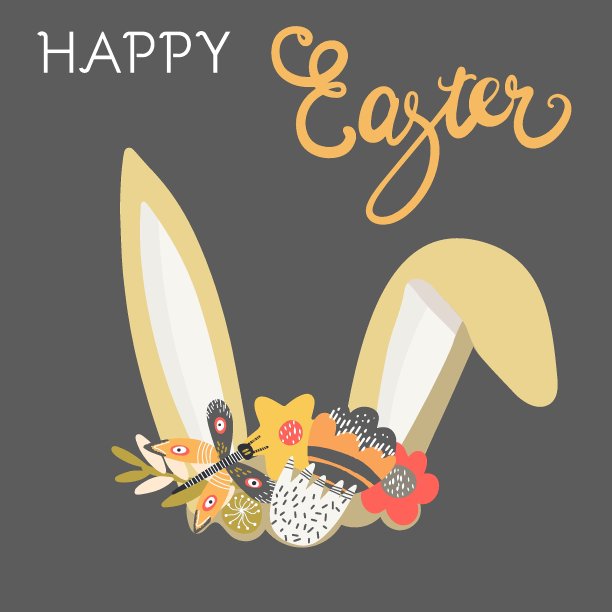 复活节快乐。基督已经复活了。兔子的耳朵。带花环的兔子耳朵。复活节，兔子，兔子，儿童绘画，明信片，邀请，祝贺，有趣的复活节卡片，手绘图片下载