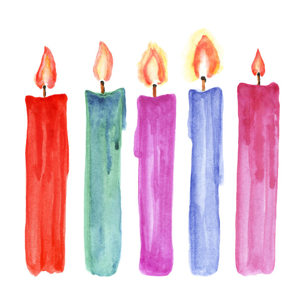 节日设计的彩色蜡烛集，水彩插图与燃烧的蜡烛孤立在白色背景上图片下载