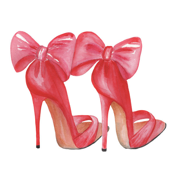 红色时尚高跟鞋素描大蝴蝶结，粉色高跟鞋水彩素描白色背景，水彩红色蝴蝶结在鞋上图片下载