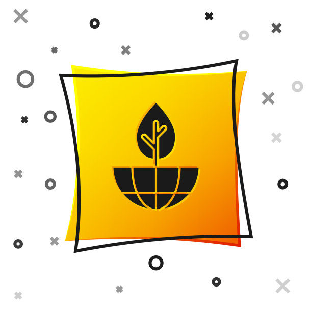 黑色地球地球仪和植物图标孤立在白色上图片下载