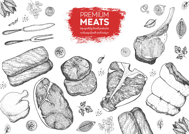 肉类顶视图框架。矢量插图。雕刻设计。手绘插图。肉片设计模板。图片下载