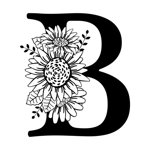 大写字母B和花。字母组合、签名、标题、屏幕说明。黑色的轮廓图。矢量插图孤立在白色背景上。家庭的标志,标志。花卉图案，姓名首字母。图片下载