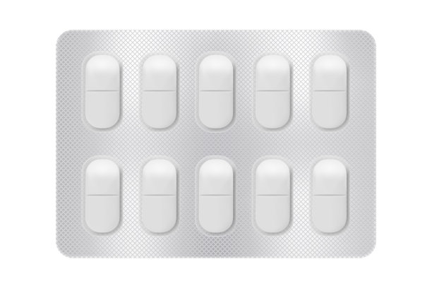 3d水泡用药丸治疗疾病和疼痛。药品片剂包装:维生素、抗生素、阿司匹林。包装的现实模型。矢量插图的包孤立的背景图片下载