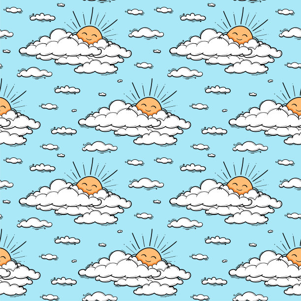 可爱的云和太阳无缝模式矢量背景。微笑的太阳孩子插图孤立在蓝天上。夏天的背景。为孩子和婴儿设计的有趣的设计图片下载