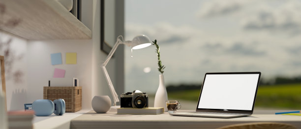 现代现代的家庭办公室内部与笔记本电脑模型图片下载