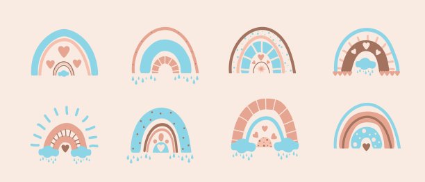 一套彩虹与心，云，雨在幼稚的斯堪的纳维亚风格，为海报，印刷品，卡片，织物的向量股票插图。图片下载