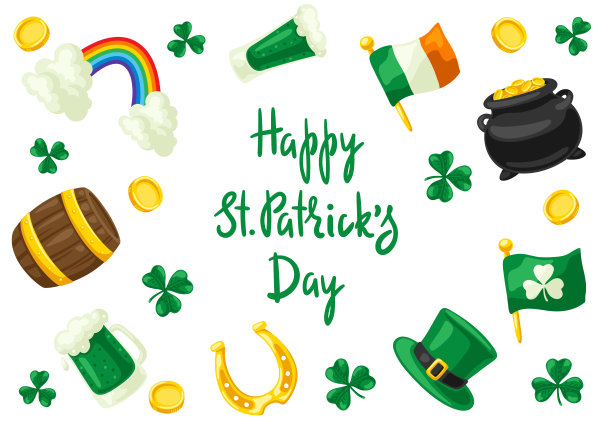 圣帕特里克节贺卡。与爱尔兰国家项目的节日插图。图片下载