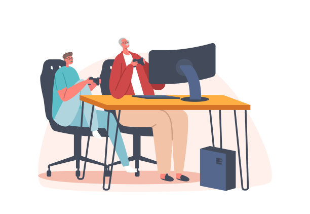 快乐男孩和爷爷在家里玩电子游戏，老人和孙子坐在电脑上玩手柄图片下载