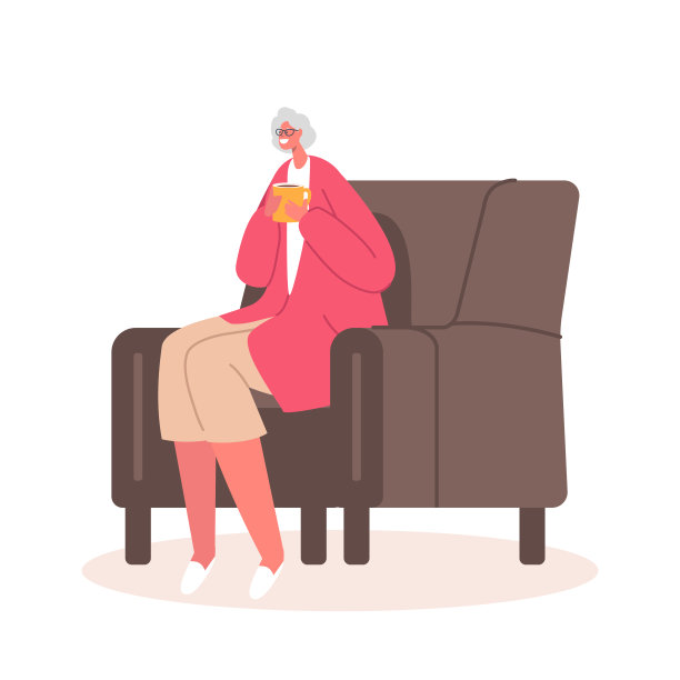 轻松的年长灰色头发妇女在眼镜坐在舒适的椅子上喝茶孤立在白色的背景图片下载