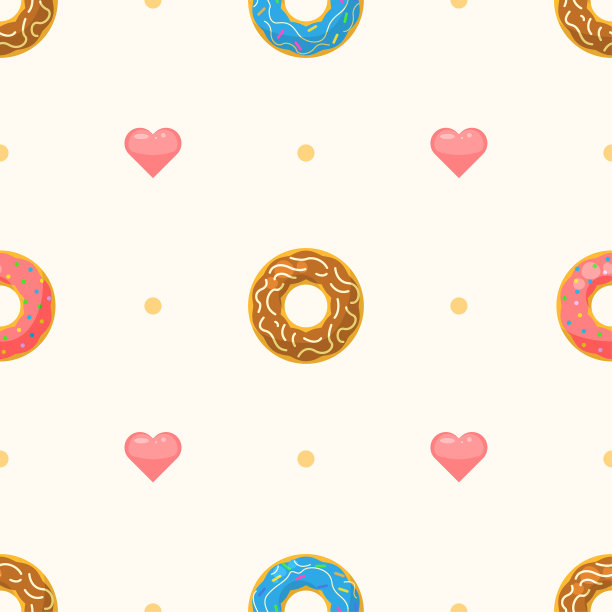 无缝图案抽象元素快餐甜甜圈与心矢量设计风格背景插图纹理印花纺织品，服装，礼品包装，壁纸，蜡笔图片下载