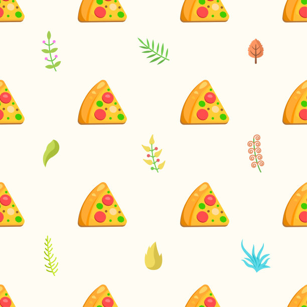 无缝图案抽象元素快餐披萨与叶子矢量设计风格背景插图纹理印花纺织品，服装，礼品包装，壁纸，蜡笔图片下载