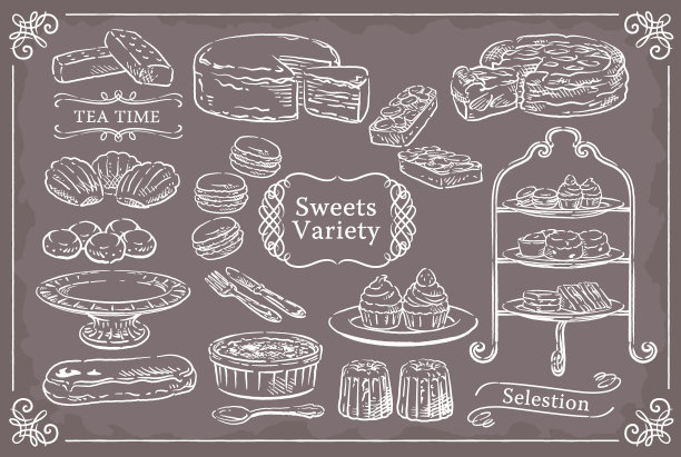 素描甜点和优雅的框架集合。矢量插图。图片下载