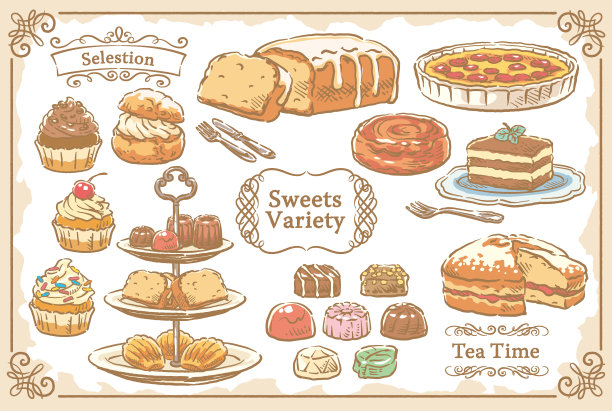 素描甜点和优雅的框架集合。矢量插图。图片下载