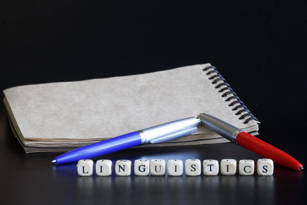 记事本，两支笔和语言学，由黑色背景上的木头立方体组成。一个大学文科研究和当代语言史研究的概念。集中堆放图片下载