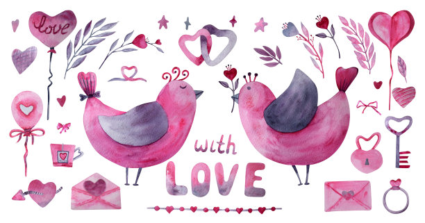 水彩两鸟套情人节。手绘粉色和紫色的鸟，心和爱的装饰元素孤立在白色的背景上图片下载