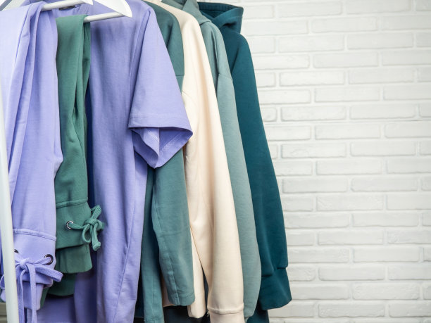 一件淡紫色的t恤、运动裤和运动衫挂在衣架上。妇女、青年的衣服。白色砖墙。图片下载