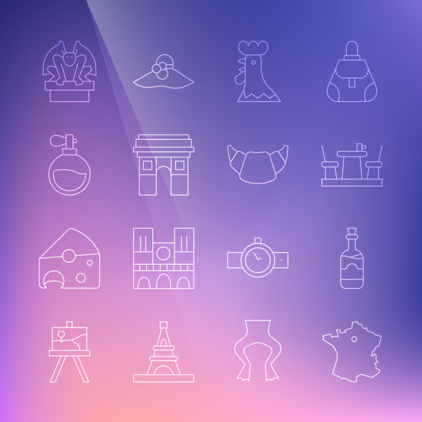 设置法国酒瓶、葡萄酒、法式咖啡厅的线路地图图片下载