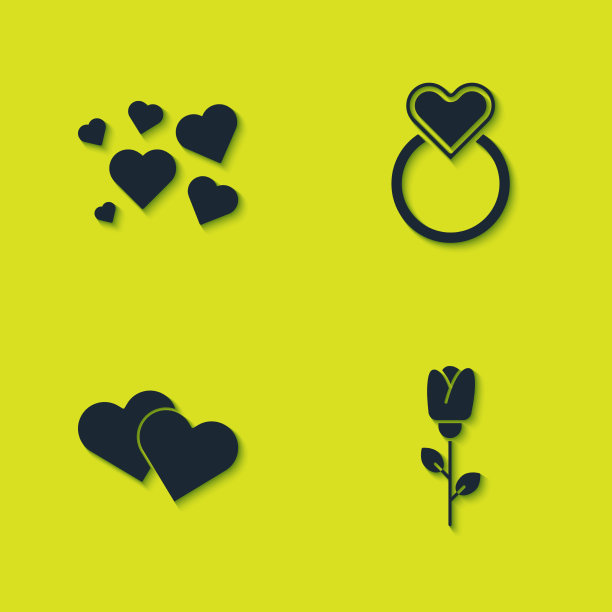 嵌心花、玫瑰和结婚戒指的图标图片下载