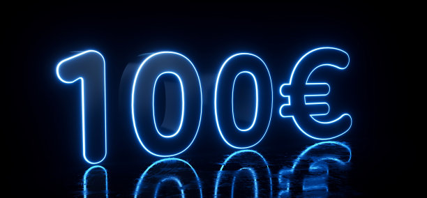 黑色100欧元的标志与未来发光的蓝色霓虹灯- 3D插图图片下载
