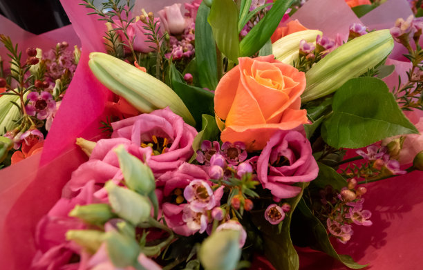 橙色玫瑰和粉红色花束图片下载