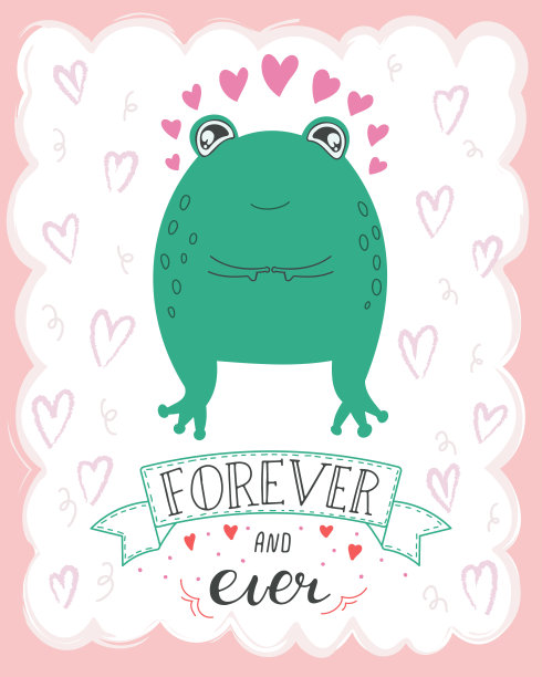插图可爱可爱的浪漫青蛙与字母永远和永远。情人节概念卡通人物恋爱图片下载