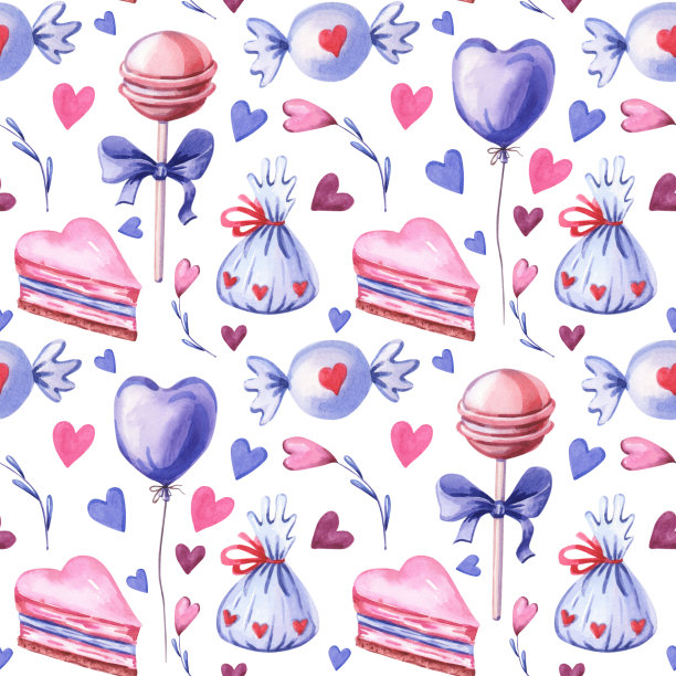 水彩无缝图案与粉红色的心，蛋糕，甜糖果，紫罗兰气球图片下载