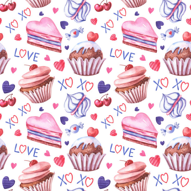 水彩蛋糕的爱。无缝图案有粉色心形、蛋糕、糖果、樱桃图片下载