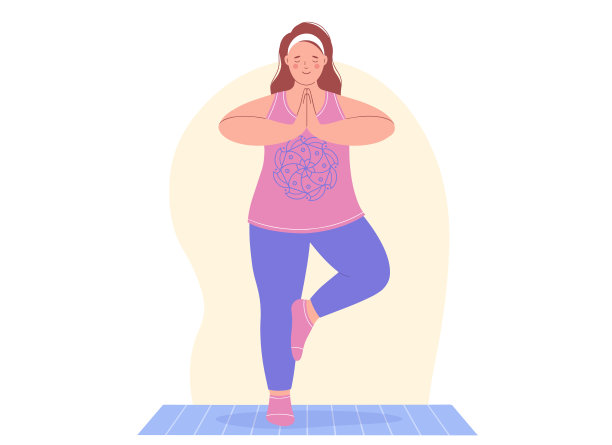 有氧，健身和瑜伽课程。体态丰满的年轻女子正在垫子上做瑜伽运动。健康的生活方式和运动理念。图片下载