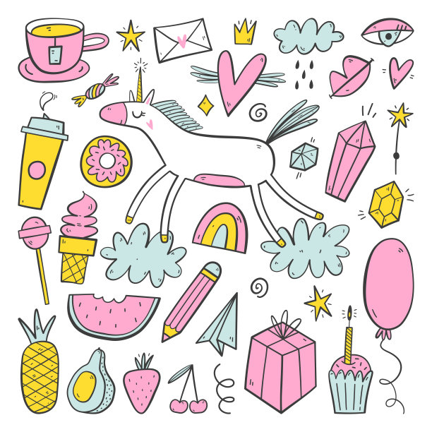 独角兽收集与魔术项目孤立在白色背景。派对元素为贺卡、生日卡。图片下载