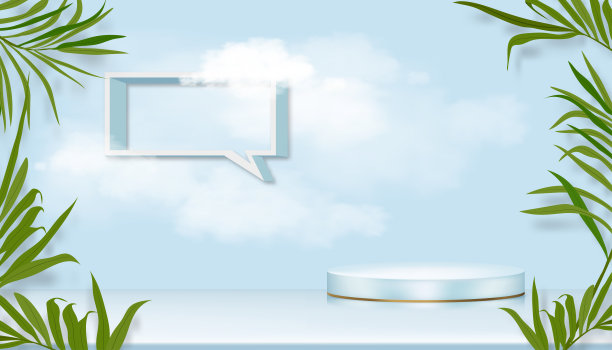 工作室与讲台，演讲气泡架子和蓝色天空背景上的白色蓬松的云，矢量3D背景设计与棕榈叶框架，插图展示模拟春夏产品图片下载