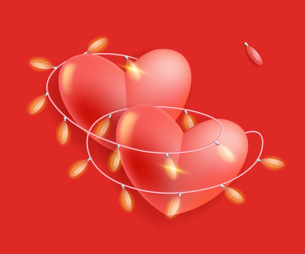 两颗红心在一个发光的花环图片下载