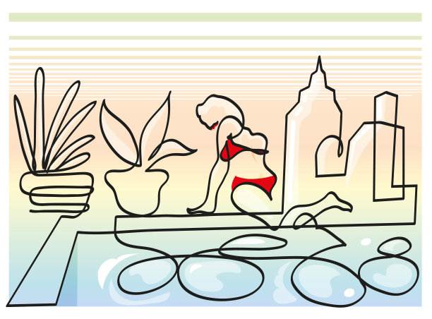 一幅画的是一个女人在摩天大楼之间的游泳池里。图片下载