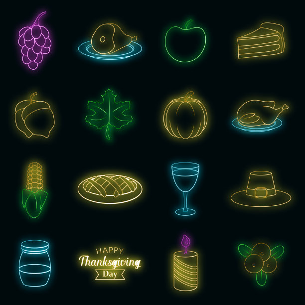 感恩节图标设置矢量霓虹灯图片下载