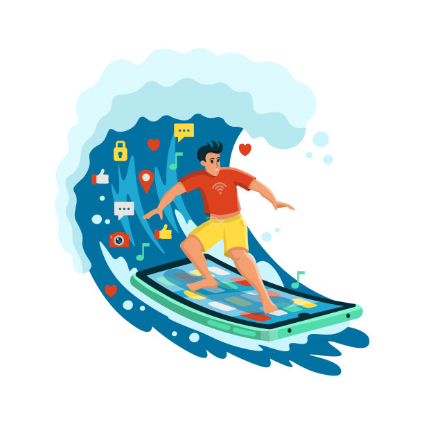 一个人在上网。上网。快速互联网的概念，新技术，社交网络，手机游戏，应用程序，新闻。矢量插图。卡通风格。图片下载