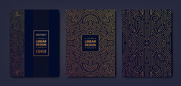 一套矢量装饰艺术金色封面。创意设计模板。时尚的平面海报，盖茨比宣传册，设计，包装和品牌。几何形状，装饰，元素。图片下载