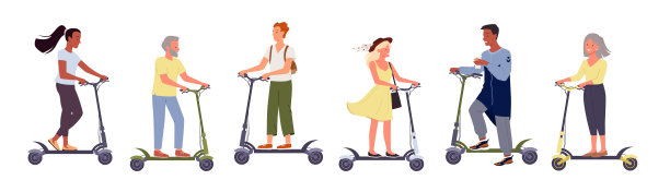 人们骑电动滑板车，替代生态城市交通矢量图。卡通人物男女主人公骑着现代电动滑板车，年轻年老的骑手们集合在孤立的白色上。图片下载