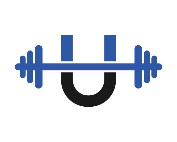 健身馆标志在字母U签名。健身房和健身初始字母字母U标志模板杠铃壶铃标志图片下载