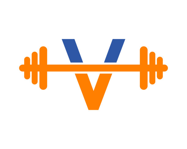 健身馆标志在字母V标志。健身房和健身初始字母字母V标志模板杠铃壶铃标志图片下载