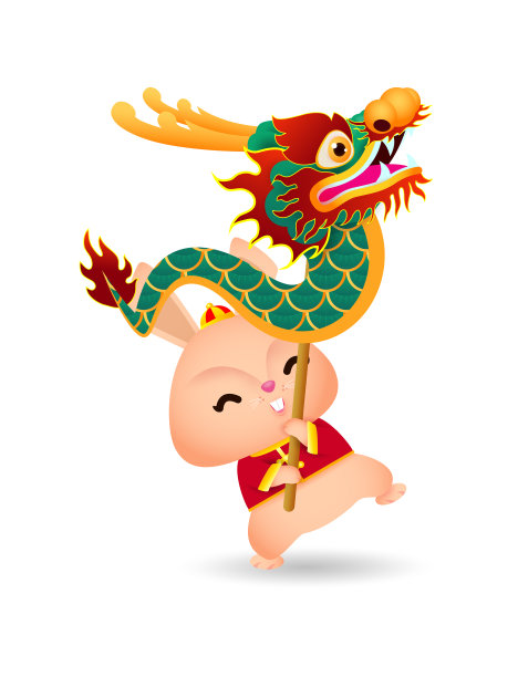 快乐中国新年2023年兔年，可爱的小兔子表演舞龙，红喜发彩，贺卡十二生肖卡通矢量插图孤立在白色背景。图片下载