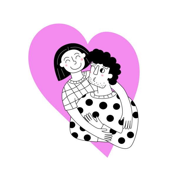 在粉红色的心背景上相爱的夫妇图片下载