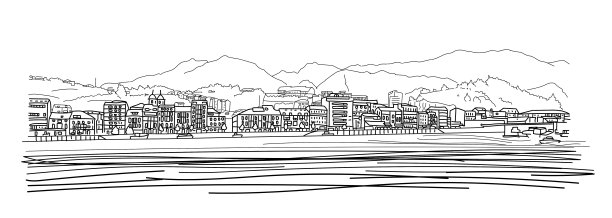 Ribadesella，阿斯图里亚斯，西班牙风景。海与山之间的小镇建筑。草图手绘黑线墨水笔画风格矢量插图。图片下载