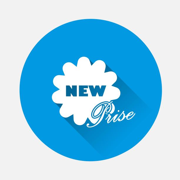 新的价格矢量图标在蓝色的背景。带有长阴影的平面图像。图层分组便于编辑插图。为你的设计。图片下载