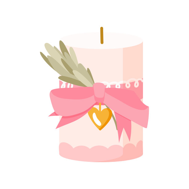 粉红色的蜡烛与丝带和绿色的叶子和树枝孤立在白色的背景。可爱hygge家居装饰，节日装饰设计元素。情人节快乐。平面卡通彩色矢量插图图片下载