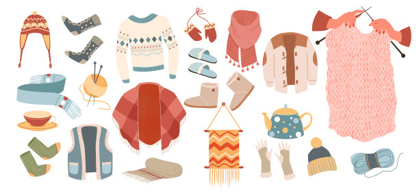 保暖的衣服为寒冷的冬季季集，羊毛配件和服装收藏图片下载