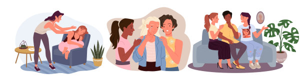女性帮助，关心和支持不快乐的女孩与心理问题向量插图。卡通年轻女性聊天，安慰和拥抱朋友。女性社区，同理心，友情观念。图片下载