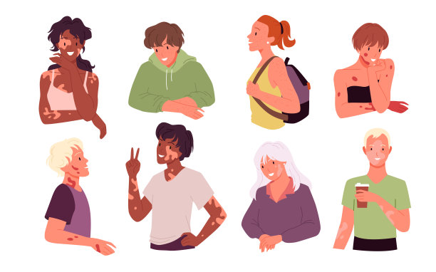 卡通快乐男女人物都有痤疮、黄褐斑、白癜风隔离上白色。皮肤科医学概念。年轻的女人和男人与皮肤问题集向量插图。图片下载