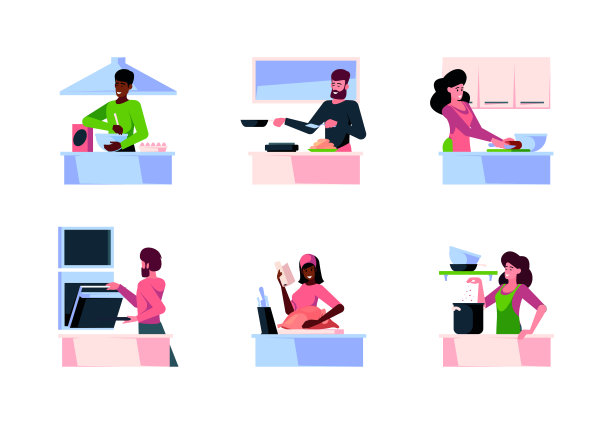 家庭烹饪。爸爸妈妈和孩子们一起在厨房做食物，厨师烘焙花哨的矢量平面概念插图图片下载