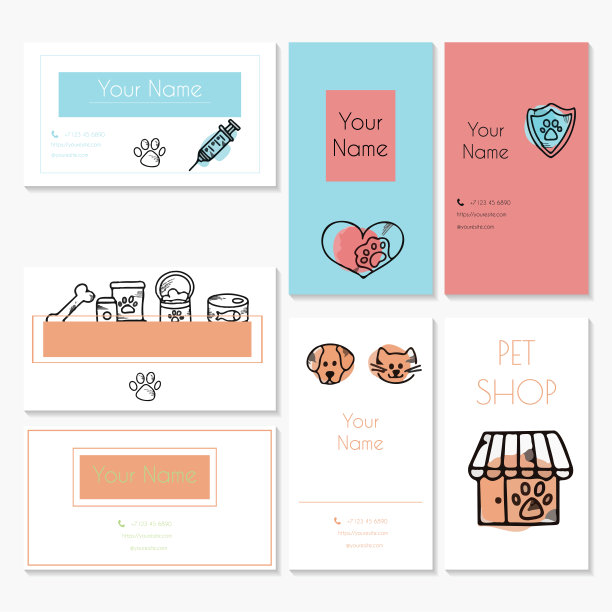 涂鸦矢量宠物名片。宠物店，托儿所的卡片。手绘草图的狗和宠物配件元素骨头，食物，皮带，训练，照顾，梳理狗图片下载