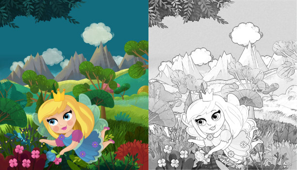 卡通快乐的童话场景自然森林和有趣的精灵和小品图片下载