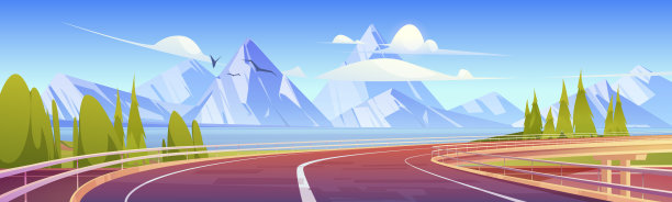 湖岸边的汽车立交桥上有山图片下载